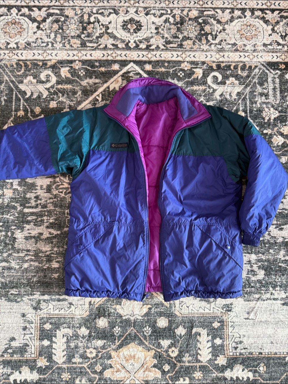VTG Columbia Womens Medium Jacket Purple Teal Reversible Radial Sleeve Zip Front